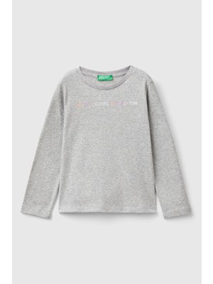 Kız Çocuk Logo Baskılı Uzun Kollu T-Shirt - Gri Melanj