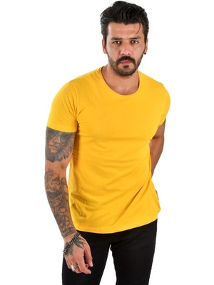 DeepSEA Hardal Sarısı Erkek/Unisex Slim Fit Dar Kesim Bisiklet Yaka Pamuklu Likralı Basic Tişört 1801131
