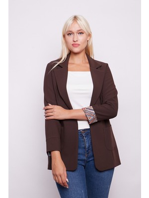 Jument Yakalı Cepli Uzun Kol Kolu İsterse Katlanabilen Pamuklu Kumaş Blazer Ofis Ceket-Kahve
