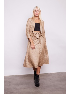 Kraş Ince Deri Şal Yaka Uzun Kol Ceket -Bej