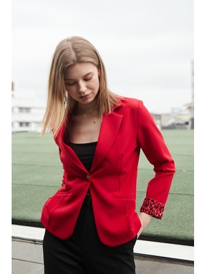 Yakalı Flato Cepli Kolu Duble Uzun Kol Ofis Şık Blazer Kumaş Ceket -Kırmızı