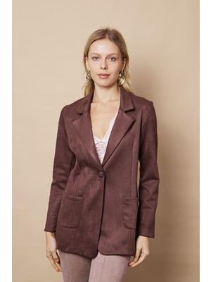 Kadın Hafif Likralı Süet Kumaş Cep Detaylı Düğmeli Şık Blazer Hafif Uzun Ceket-Kahve