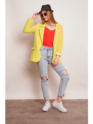 Yakalı Kolu Katlamalı Cep Kapaklı Salaş Boyfriend Oversize Hafif Likralı Kumaş Blazer Ceket-Neon Sarı