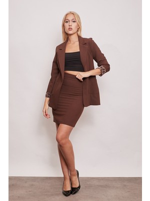 Jument Yüksek Bel Diz Üstü Şık Kumaş Kalem Etek-Kahve