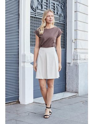 Kadın Yüksek Bel Hafif Likralı Kumaş Pilikaşeli Diz Boy Çan Etek-Şampanya