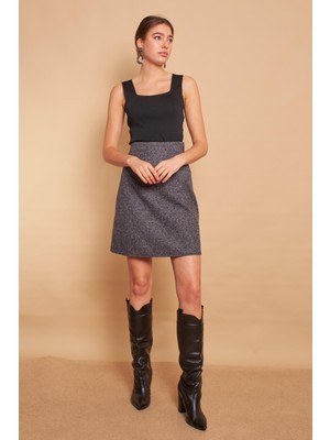 Hafif Likralı Yünlü Kışlık Jakar Kumaş Yüksek Bel Hafif Diz Üstü Çan Etek-Balık Sırtı