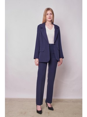 Kadın Yakalı Cep Kapaklı Uzun Kol Hafif Likralı Kumaş Oversize Blazer Ceket(Pantolonu Jument 40075)-LACIVERT
