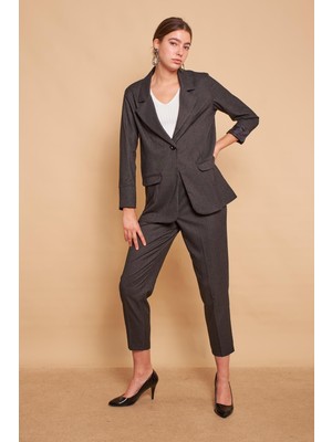 Ekoseli Yakalı Kolu Katlamalı Cep Kapaklı Boyfriend Hafif Likralı Kumaş Blazer Ceket-Siyah