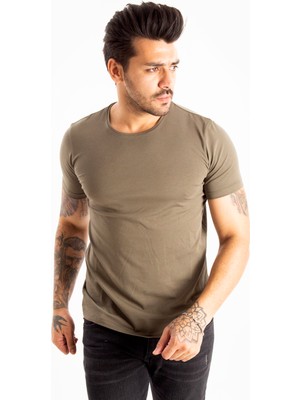 DeepSEA Haki Erkek/Unisex Slim Fit Dar Kesim Bisiklet Yaka Pamuklu Likralı Basic Tişört 1801131
