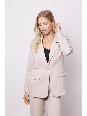 Kadın Yakalı Cep Kapaklı Uzun Kol Hafif Likralı Kumaş Oversize Blazer Ceket(Pantolonu Jument 40075)-TAŞ
