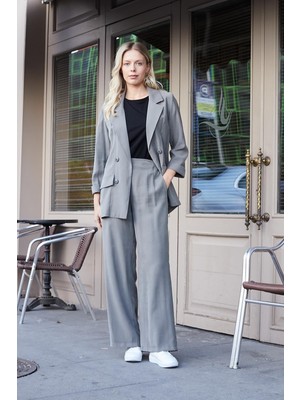 Kadın Ipeksi Dokulu Modal Kumaş Yakalı Cep Kapaklı Oversize Salaş Blazer Ceket-Antrasit