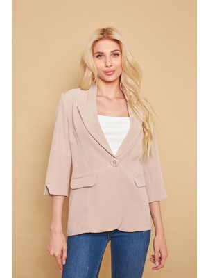 Yakalı Tek Düğmeli Kapri Kollu Kolu Yırtmaçlı Hafif Likralı Kumaş Blazer Ofis Ceket-Taş