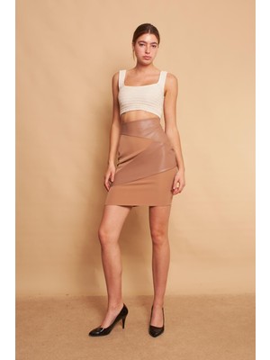 Deri Detaylı Yüksek Bel Hafif Likralı Kumaş Kalem Etek -Camel