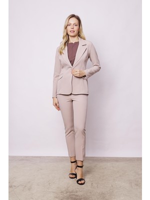 Kadın Yakalı Cep Kapaklı Tek Düğme Hafif Lirkalı Kumaş Blazer Ofis Ceket-Taş