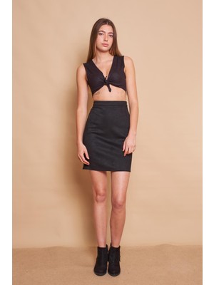 Kadın Hafif Likralı Süet Kumaş Yüksek Bel Diz Üstü Kalem Etek-Siyah