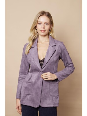 Kadın Hafif Likralı Süet Kumaş Cep Detaylı Düğmeli Şık Blazer Hafif Uzun Ceket-Gri