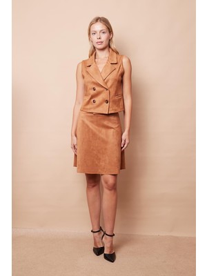 Hafif Likralı Süet Kumaş Yüksek Bel Diz Üstü Kısa Kiloş Etek-Camel