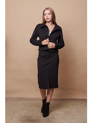 Kadın Likralı Kaşe Kumaş Yüksek Bel Alman Cepli Önden Yırtmaçlı Kalem Etek-Siyah