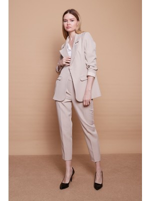 Yakalı Kolu Katlamalı Cep Kapaklı Salaş Boyfriend Oversize Hafif Likralı Kumaş Blazer Ceket-Taş