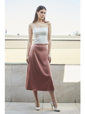 Kadın Likrasız Saten Kumaş Yüksek Bel Çan Etek-Gülkurusu