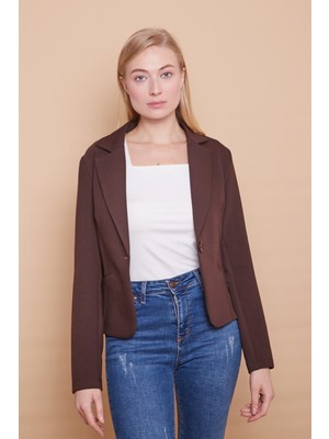 Yakalı Flato Cepli Uzun Kol Pamuklu Kumaş Kısa Blazer Ofis Ceket -Kahve