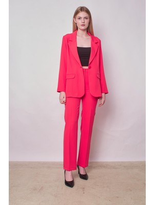 Kadın Yakalı Cep Kapaklı Uzun Kol Hafif Likralı Kumaş Oversize Blazer Ceket(Pantolonu Jument 40075)-MERCAN