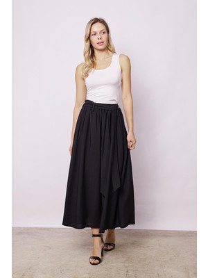 Kadın Belden Bağlamalı Keten Görünümlü Likrasız Kumaş Midi Boy Bilek Üstü Kiloş Etek-Siyah