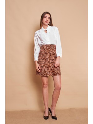 Hafif Likralı Yünlü Kışlık Jakar Kumaş Yüksek Bel Hafif Diz Üstü Çan Etek-Leopar