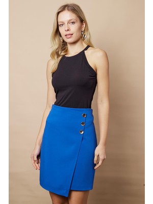 Kadın Arkadan Fermuarlı Düğme Detaylı Hafif Likralı Kumaş Diz Üstü Kalem Etek-Saks