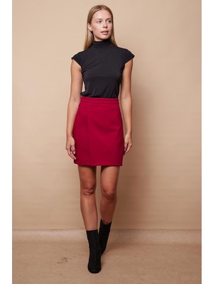 Kadın Hafif Likralı Kumaş Yüksek Bel Anvelop Kruvaze Hafif Mini Kalem Etek-Bordo