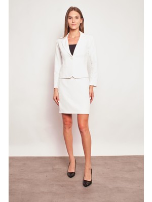 Yüksek Bel Diz Üstü Likralı Pamuklu Şık Kumaş Kalem Etek-Krem