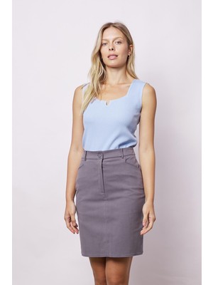 Kadın Cep Detaylı Diz Üstü Hafif Likralı Pamuklu Kumaş Kalem Etek-Koyu Gri