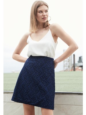 Kadın Dantel Detaylı Yüksek Bel Hafif Esnek Dokuma Kumaş Çan ETEK(BOY:49CM +-2cm)-Lacivert