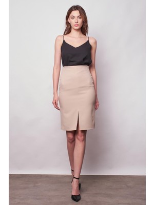 Kadın Yüksek Bel Önden Yırtmaçlı Hafif Likralı Şık Kumaş Diz Altı Ofis Kalem Etek-Taş