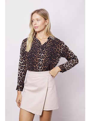 Kadın Pamuklu Hafif Likralı Kalın Kumaş Yüksek Bel Ara Boy Şort Etek-Bej