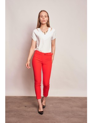 Kalın Kemerli D Tokalı Bilek Boy Normal Bel Likralı Kumaş Pantolon-Mercan