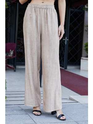Kadın Keten Görünümlü Likrasız Yüksek Bel Beli Lastikli Yan Cepli Bol Paça Palazzo Pantolon-Camel