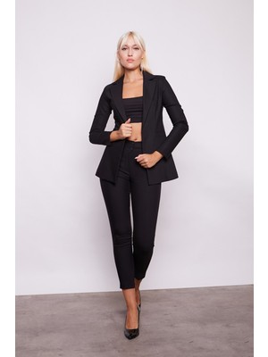 Yüksek Bel Kalın Kemerli Cepli Dar Paça Bilek Boy Pamuklu Likralı Kumaş Pantolon-Siyah