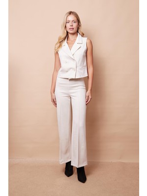 Palazzo Yüksek Bel Ön Dikişli Bol Paça Hafif Likralı Süet Kumaş Pantolon-Şampanya