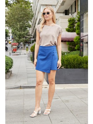 Kadın Pamuklu Hafif Likralı Kalın Kumaş Yüksek Bel Ara Boy Şort Etek-Indigo