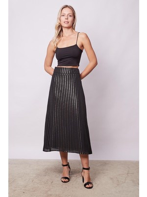 Kadın Desenli Şifon Astarlı Yüksek Bel Kemerli Midi Boy Diz Altı Uzun Çan Etek-Gold Çizgi