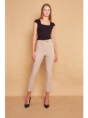 Kalın Kemerli D Tokalı Bilek Boy Normal Bel Likralı Kumaş Pantolon -Taş