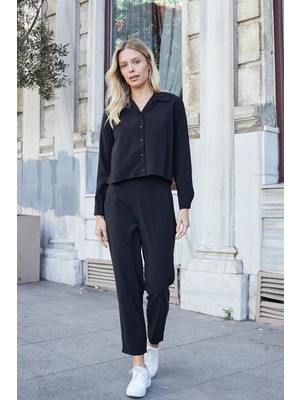 Kadın Likrasız Modal Kumaş Yüksek Bel Beli Lastikli Yan Cepli Dar Paça Bilek Boy Pantolon-Siyah