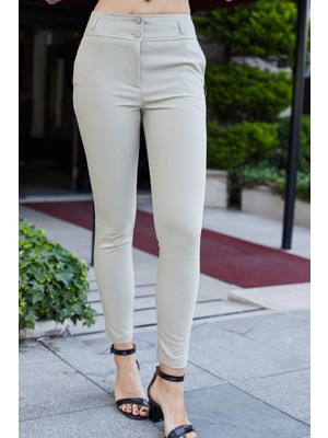 Yüksek Bel Kalın Kemerli Cepli Dar Paça Bilek Boy Pamuklu Likralı Kumaş Pantolon - Neft