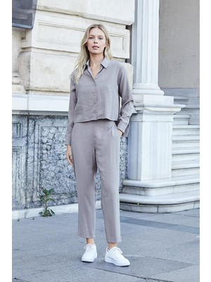 Kadın Likrasız Modal Kumaş Yüksek Bel Beli Lastikli Yan Cepli Dar Paça Bilek Boy Pantolon-Duman