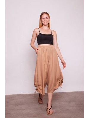 Iç Göstermez Viskon Poplin Yüksek Bel Bol Paça Büzgülü Pantolon -Camel
