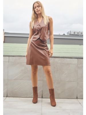 Kadın Hafif Likralı Deri Yüksek Bel Diz Boy Çan Etek-Taba