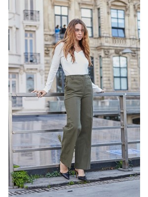 Kadın Gabardin Kanvas Pamuklu Hafif Likralı Bol Kesim Cepli Palazzo Pantolon-Haki