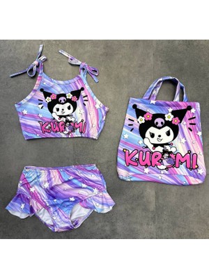 Kız Çocuk Kuromi Yıldızlı Çantalı Üç Parça Bikini Takımı
