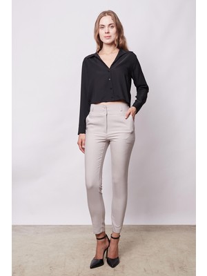 Yüksek Bel Kalın Kemerli Cepli Dar Paça Bilek Boy Pamuklu Likralı Kumaş Pantolon - Taş